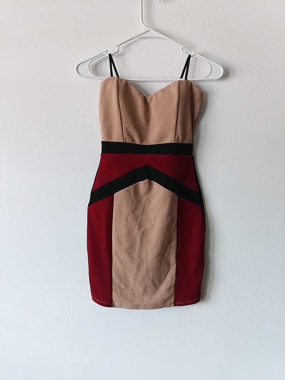 Papaya Strapless Colorblock Bodycon Dress in Blush, Burgundy and Black M